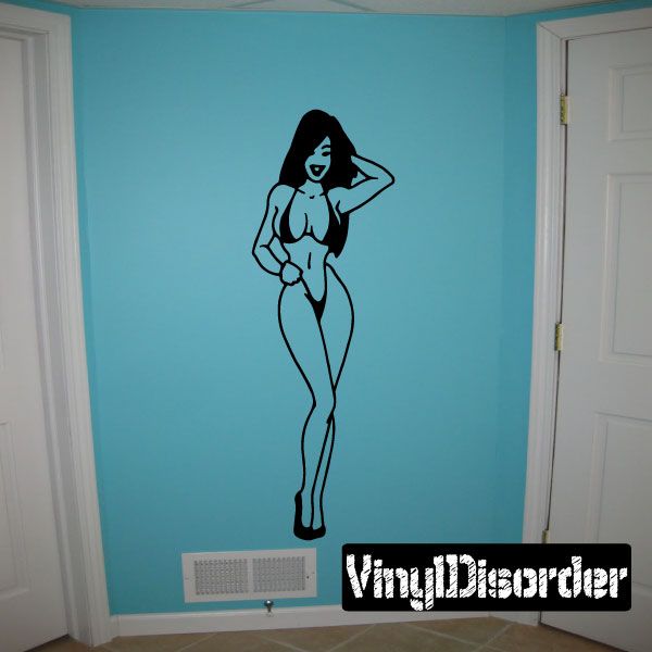 Smiling bikini woman wall decal, black line art with hands on head pose