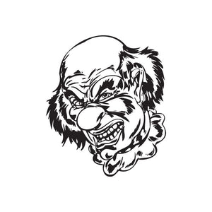 Smirking bald clown head decal in black-and-white line art