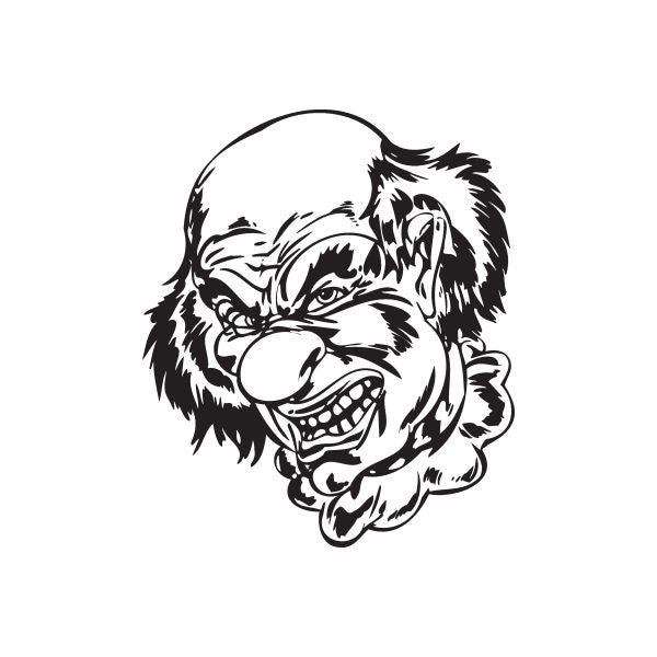 Smirking bald clown head decal in black-and-white line art