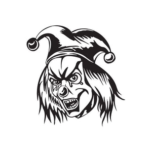 Smirking painted jester face head decal, black-and-white illustrated cartoon with hat