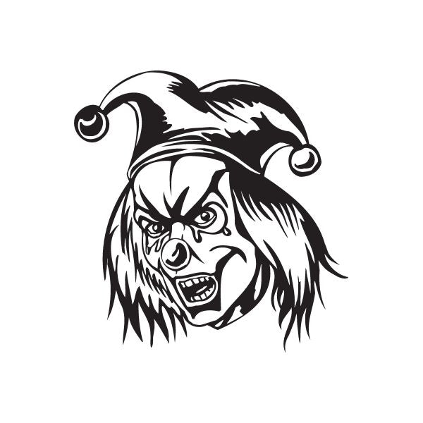 Smirking painted jester face head decal, black-and-white illustrated cartoon with hat