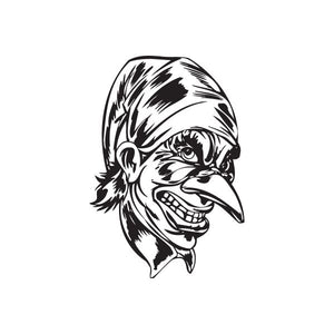 Goblin jester head decal, black-and-white spiky hat and grinning face