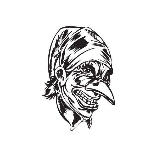 Goblin jester head decal, black-and-white spiky hat and grinning face