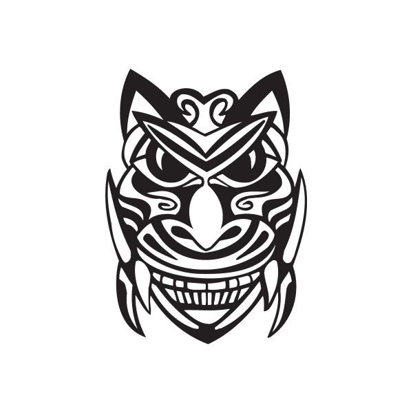 Smirking tiki mask decal, black and white tribal face with grinning mouth