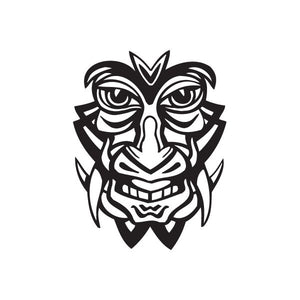 Tusked tiki decal with smirking tribal face, black and white outline design