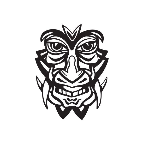 Tusked tiki decal with smirking tribal face, black and white outline design