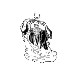Wizard-themed decal with long beard and raised hands over dark smoky waves