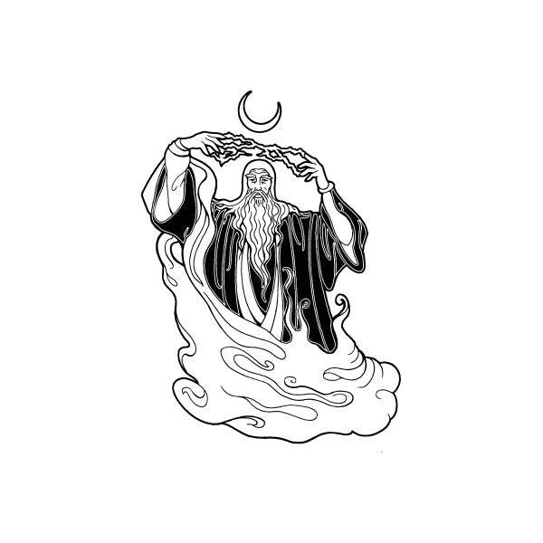 Wizard-themed decal with long beard and raised hands over dark smoky waves