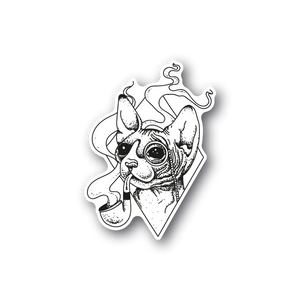 Smoking cat vinyl sticker with white ink outline and dark border