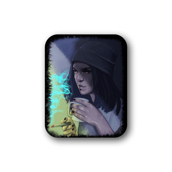 Vinyl sticker of hooded woman holding a coffee cup with blue smoke curl