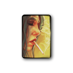 Square vinyl sticker with a stylized woman portrait smoking a cigarette