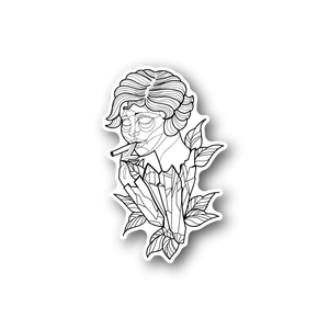 Vinyl sticker of a smoking woman portrait with layered white line art