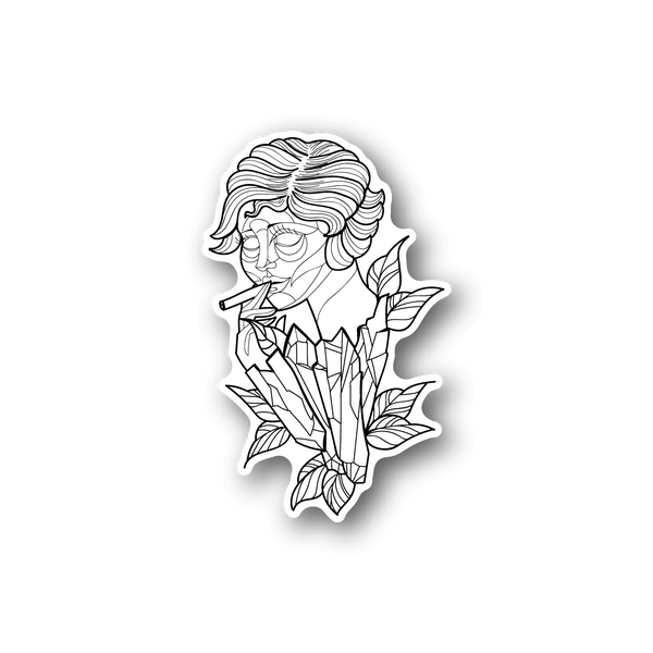 Vinyl sticker of a smoking woman portrait with layered white line art