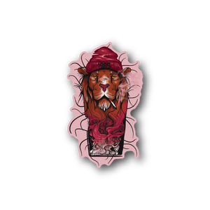 Smoking lion vinyl sticker with red mane, beard, and pink smoke outline