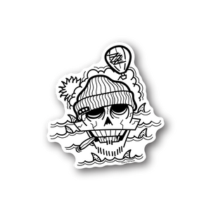 Sailor skull vinyl sticker with smoking pipe and striped hat, white and black