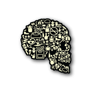 Vinyl sticker with smoking skull collage design, cream-colored icon graphic