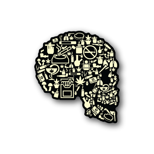 Vinyl sticker with smoking skull collage design, cream-colored icon graphic