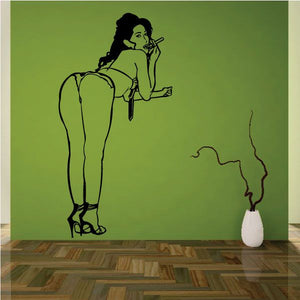 Smoking stripper wall decal with outlined woman holding a cigarette and smoke