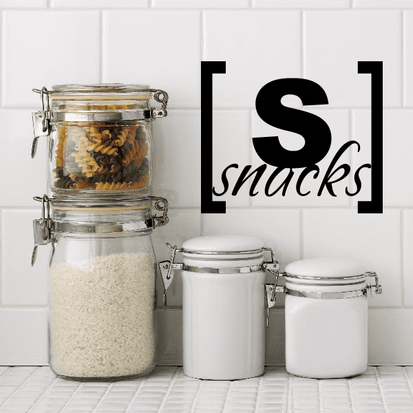 Wall decal with bold black 'S' and cursive 'snacks' typography