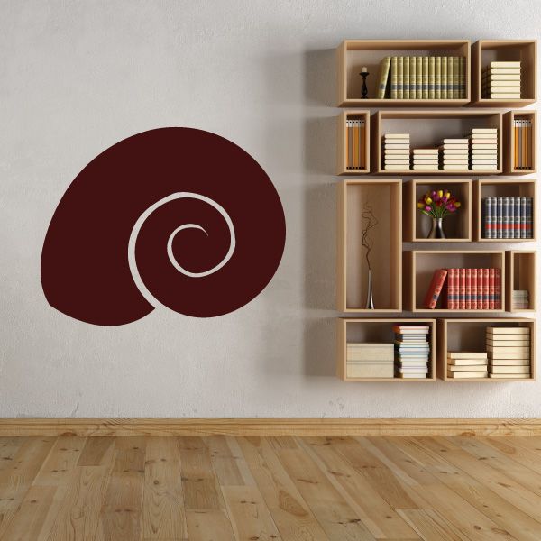 Sea shell decal with maroon circular design and white spiral outline swirl