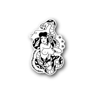 Vinyl sticker of pin-up girl with coiled snake and flowers, black-and-white outline