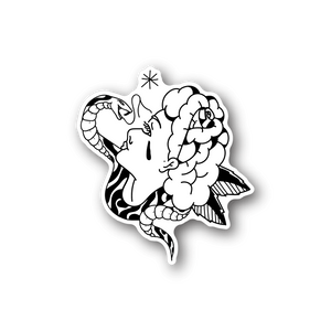 Vinyl sticker of white line-art snake biting a figure with star accents