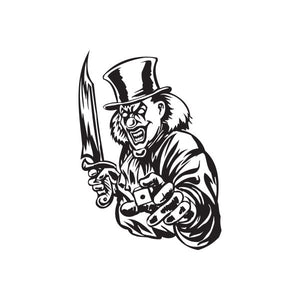 Black and white clown face decal holding a knife