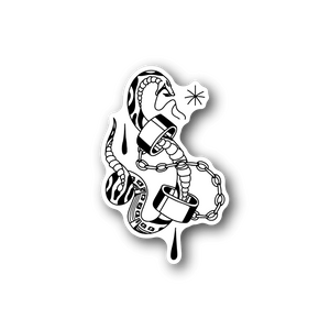Vinyl sticker of a coiled snake with handcuff details
