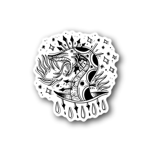 Black-and-white vinyl sticker of a dagger-wielding snake in a flame circle