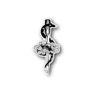 Vinyl sticker: snake wrapped around dagger, white outline illustration