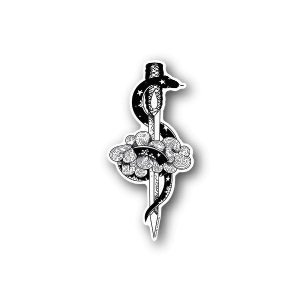 Vinyl sticker: snake wrapped around dagger, white outline illustration