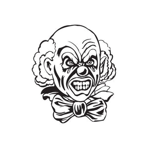 Snarling bald clown head decal with bow tie, black and white line art