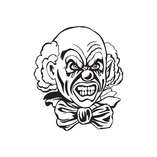Snarling bald clown head decal with bow tie, black and white line art