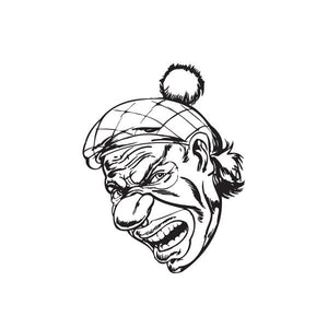 Snarling clown head decal with golf cap, black line art