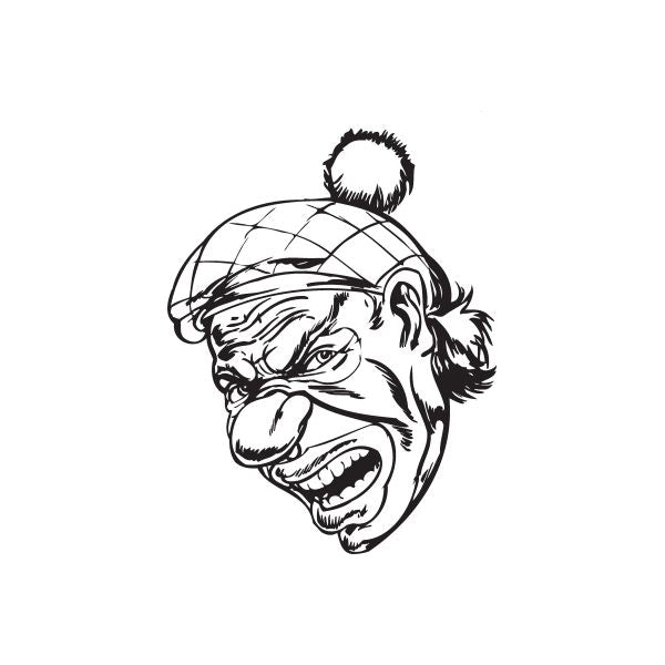 Snarling clown head decal with golf cap, black line art
