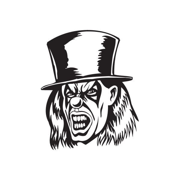 Snarling clown face decal with black top hat, white and black line art