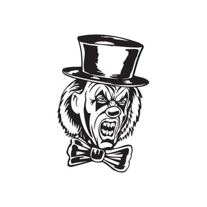 Snarling clown head decal with black top hat and bow tie
