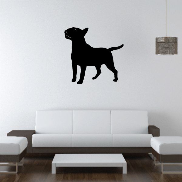 Sniffing Bull Terrier decal with black dog silhouette, standing and sniffing pose