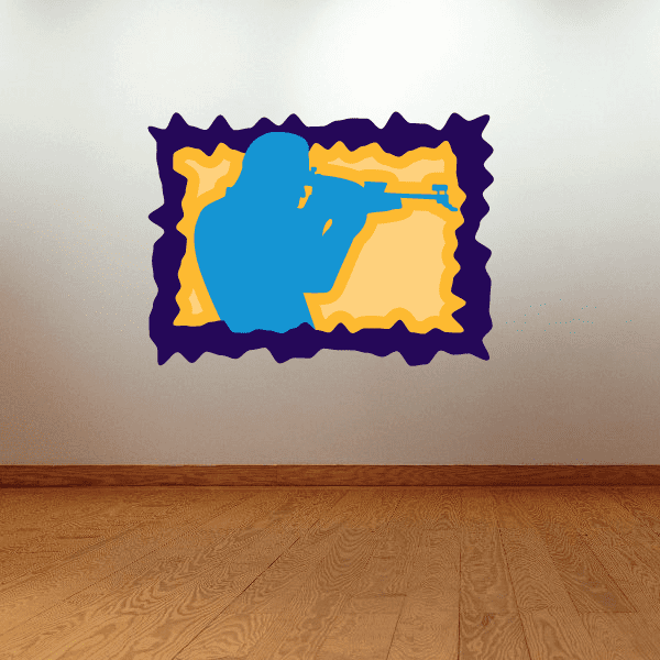 Sniper hunting sticker with purple jagged border and blue-yellow rifle silhouette