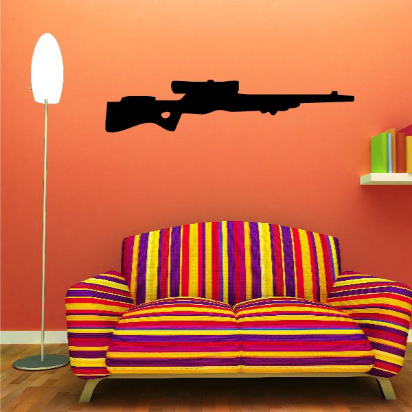 Sniper rifle wall decal with a black rifle silhouette across a wall