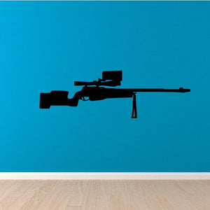 Sniper rifle wall decal with bipod, dark silhouette, long scope and barrel