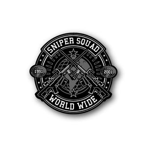 Round vinyl sticker with monochrome sniper emblem, crossed guns, and World Wide text