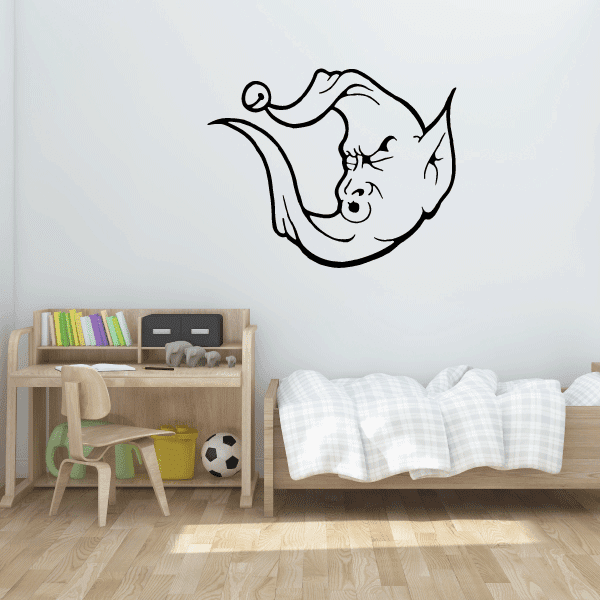 Snoozing elf moon wall decal, black outline of sleeping elf on moon