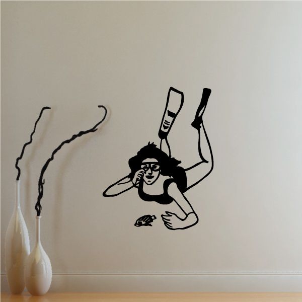 Snorkel diving female wall decal, black line art of woman with snorkel and fins