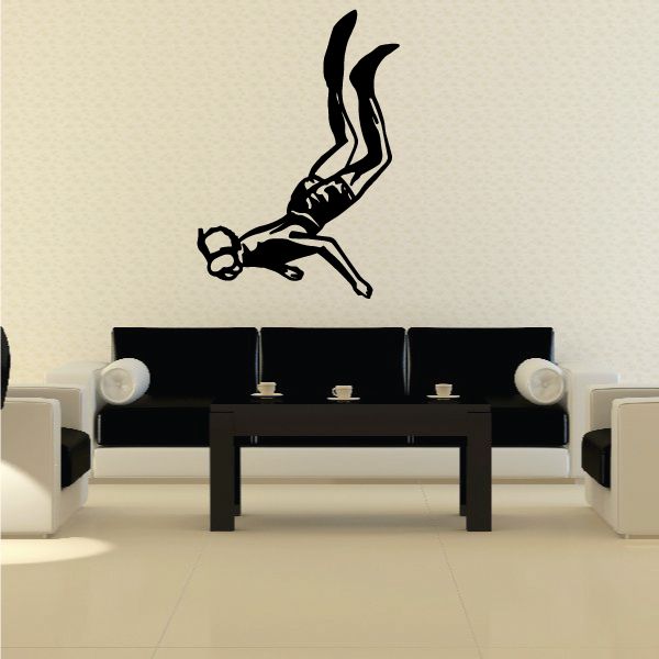 Male snorkel diver wall decal with black silhouette and fins