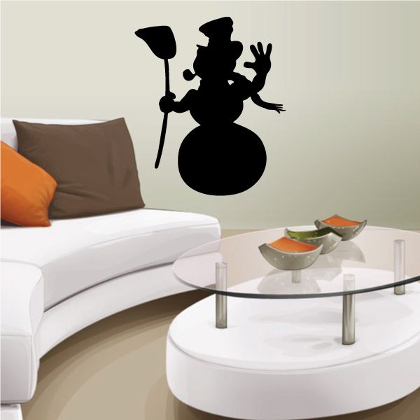 Image of Snow Man Waving Holding Broom Silhouette Decal