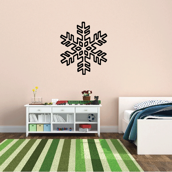 Green and white striped rug in a child's bedroom complemented by Snowflake Decals