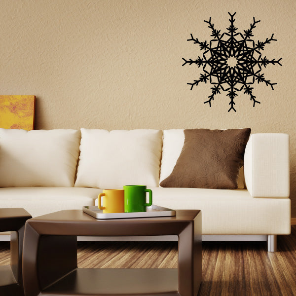 Interior of a living room adorned with snowflake decals