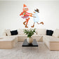 Dancing snowman and girl wall decal with red hat and striped outfit, smiling figures