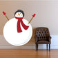 Snowman round body sticker with red scarf and hat, holding two wooden arms